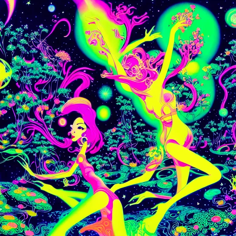 Prompt: cosmic girl, infinite hallucination, bright neon colors, highly detailed, cinematic, eyvind earle, hiroo isono, tim white, philippe druillet, roger dean, lisa frank, aubrey beardsley