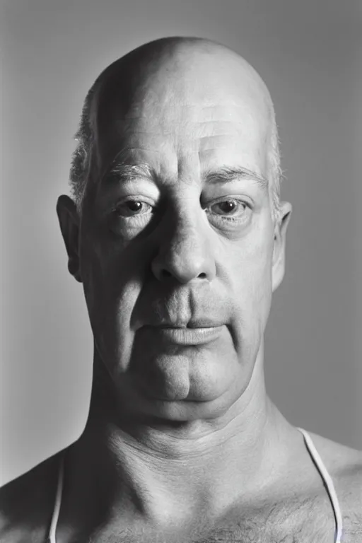 Image similar to studio portrait of man that looks excactly like homer simpson, lookalike, as if homer simpson came to life, soft light, black background, fine details, close - up, award winning photo by herb ritts