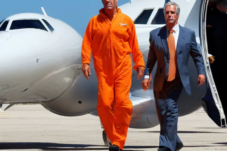 Prompt: jeffrey epstein in an orange jumpsuit, flying a private jet made of gold