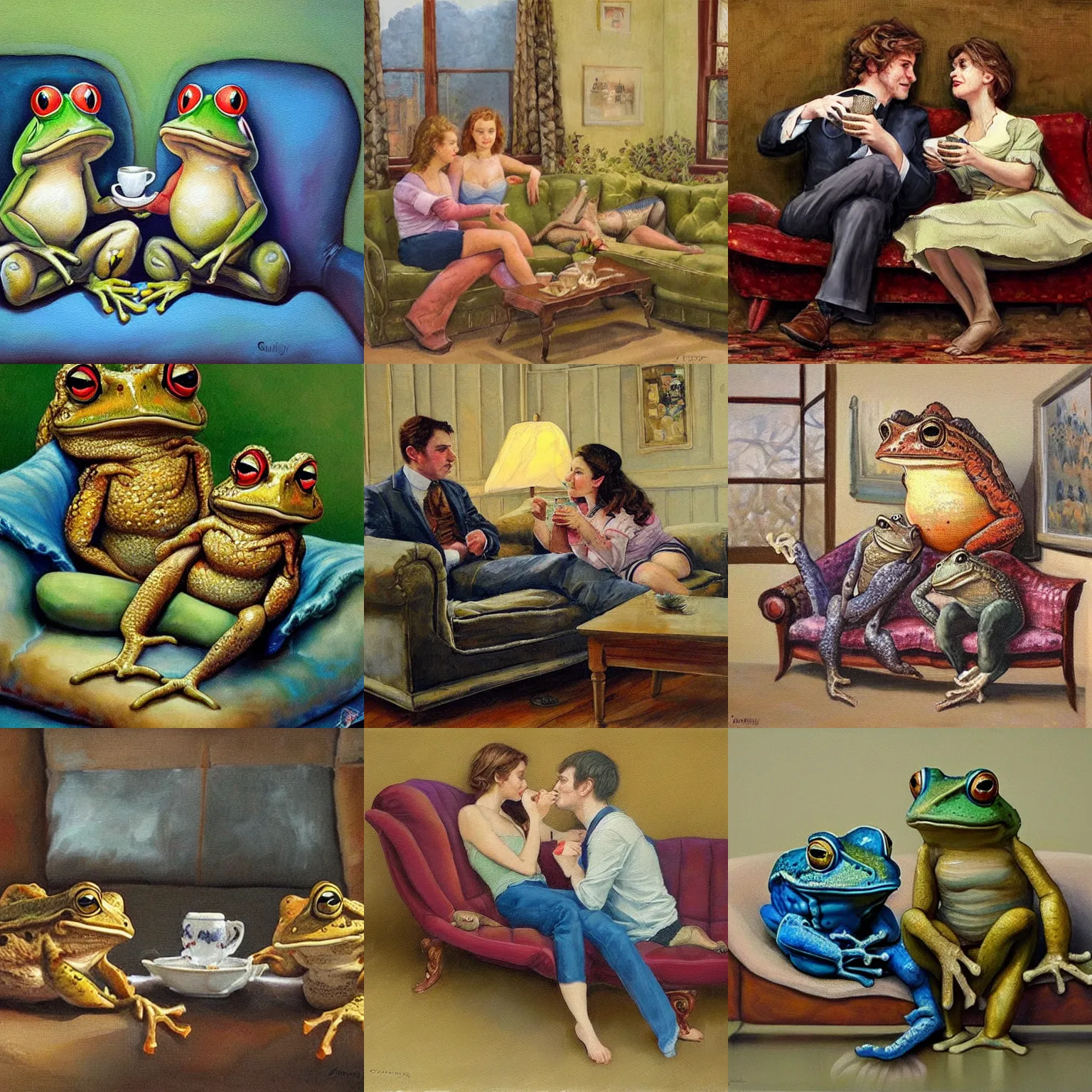 Prompt: mister and missus Toad sitting together on a couch drinking tea. Lovely painting of two toads in love, by James Gurney