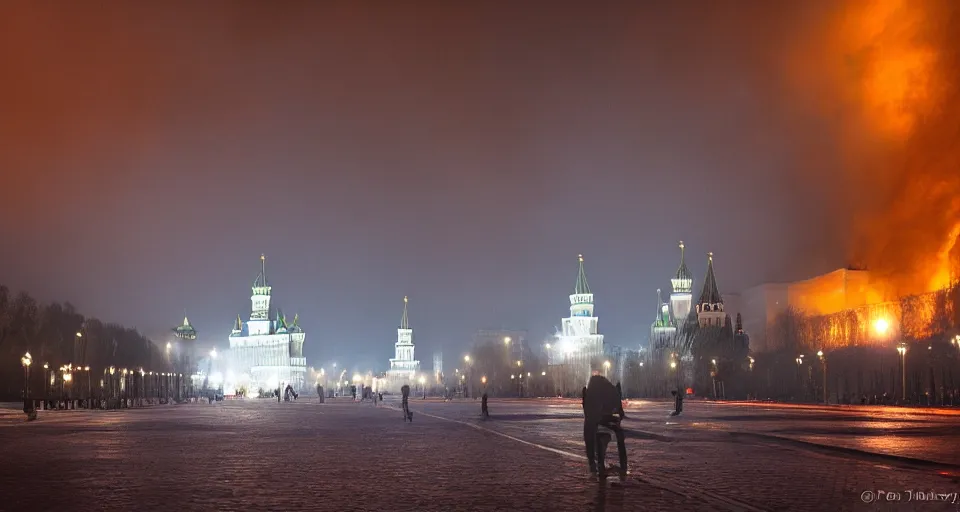 Image similar to Moscow Kremlin is on fire, dark atmosphere, lots of fire, clubs of smoke. Photography.