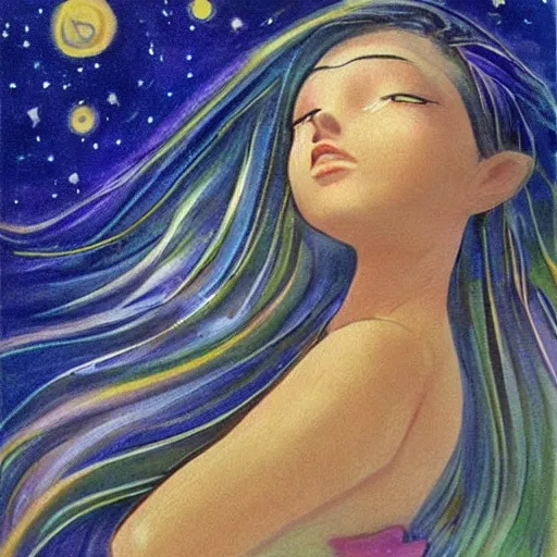 Image similar to A beautiful illustration of a young girl with long flowing hair, looking up at the stars. She appears to be dreaming or lost in thought. Sonic the Hedgehog by Dora Maar ✨