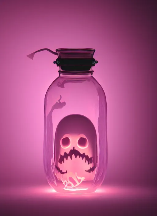 Prompt: spooky Jar holding a Ghost and pink ectoplasm, product shot, macro, hyper realistic, sunset, octane render, raytracing, trending on artstation, artstationHD, artstationHQ, unreal engine, 4k, 8k