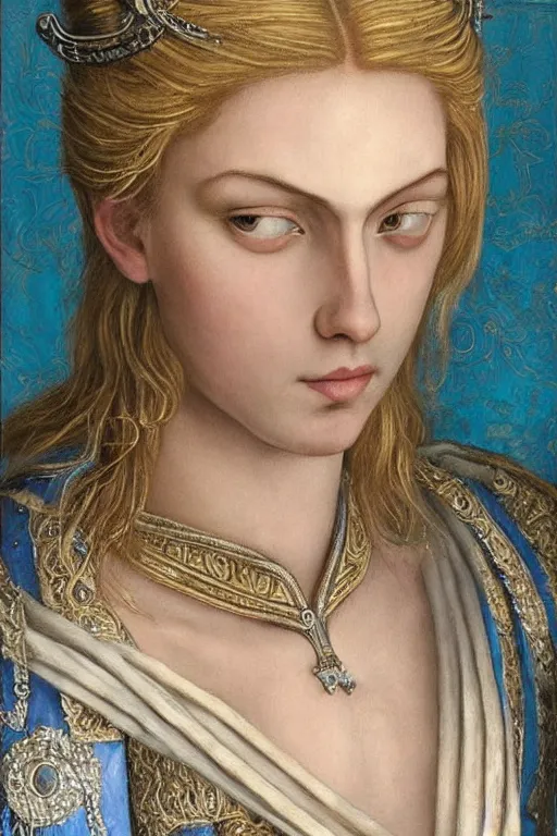 Image similar to hyper - realistic close - up mythological portrait of a medieval blonde with a huge amount of color in the сaravaggisti style, pale skin, in a silver silk robe, blue palette