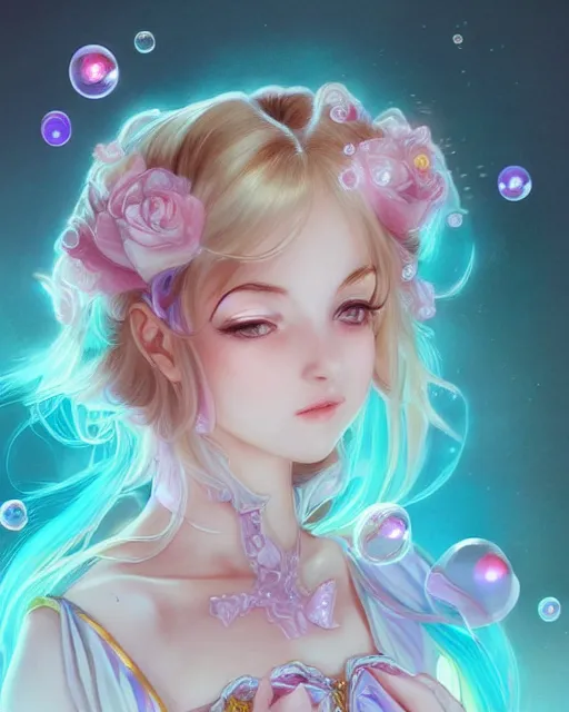 Image similar to portrait of magical lolita girl, dreamy and ethereal, expressive pose, big gold eyes, exciting expression, fantasy, intricate, elegant, many rainbow bubbles, rose tones, highly detailed, anime, artstation, concept art, cyberpunk wearing, smooth, sharp focus, illustration, art by artgerm and greg rutkowskiand alphonse mucha