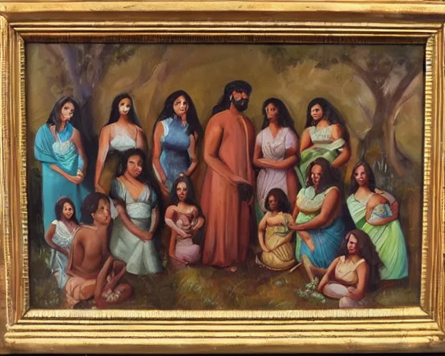 Prompt: beautiful oil painting of a brown man and his 7 wives in the afterlife. the beautiful curvy women are in love with their husband. lovely scene