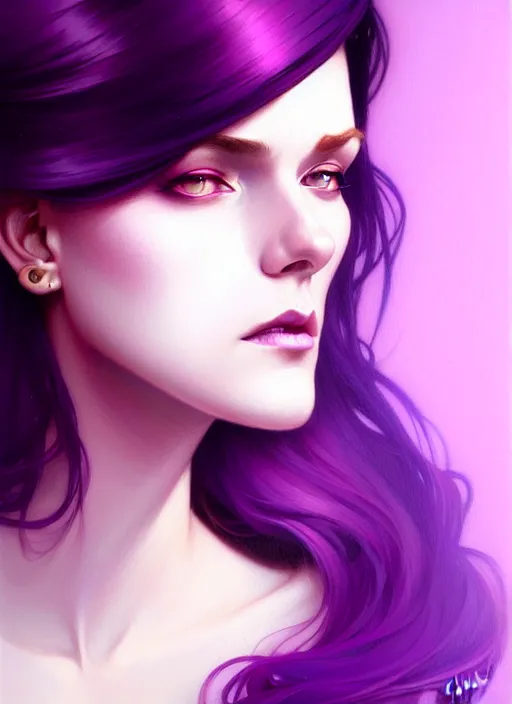 Image similar to Purple hair, creative colouring Portrait of woman, fashion, intricate, elegant, highly detailed, digital painting, artstation, concept art, smooth, sharp focus, illustration, art by artgerm and greg rutkowski and alphonse mucha