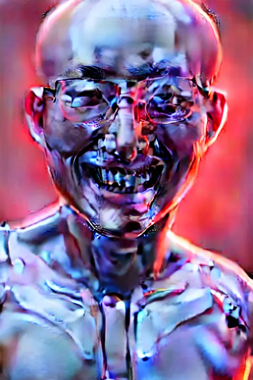 Image similar to hyperrealistic close-up translucent exoskeleton!! smiling chinese man covered highly detailed concept art eric zener elson peter cinematic hard red lighting high angle hd 8k sharp shallow depth of field