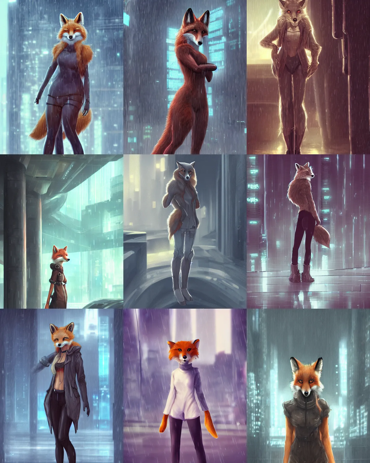 Prompt: a female natural fox fursona, standing in a rainy futuristic plaza with massive pillars, trending on artstation, by kawacy, furry art, digital art, cyberpunk, high quality, backlighting