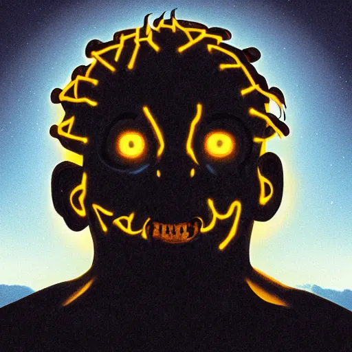 Prompt: A terrifying brown skinned Latino god floating with his arms up, his eyes glowing yellow, casually dressed, his head glowing blue ominously. Shot from below, photorealistic, ominous and apocalyptic dark sky.