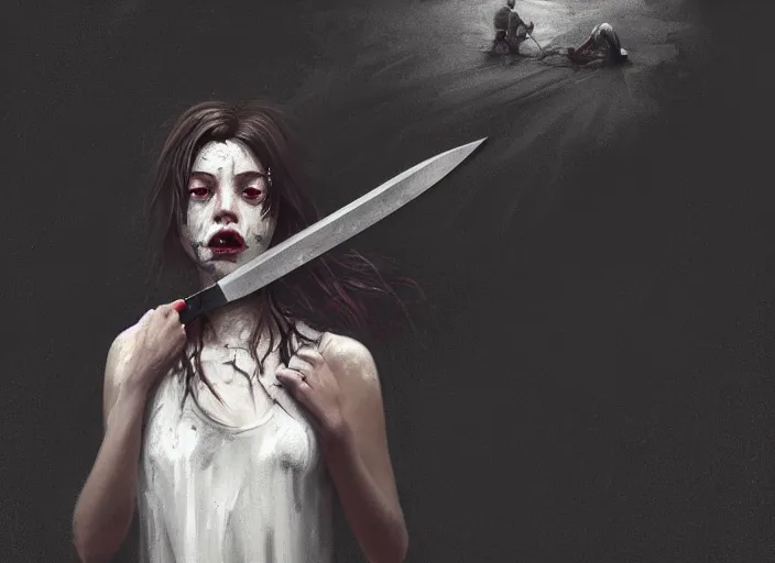 Prompt: close up picture of a white dress girl chasing from grim reaper, holding a little knife, hard breathing, messy hair, messy lines, scared face, beautiful and aesthetic and attractive and detailed face, dramatic situation, specular reflection, occlusion shadow, intricate, bokeh, masterpiece, by ilya kuvshinov and jeremy lipking and quentin mabille