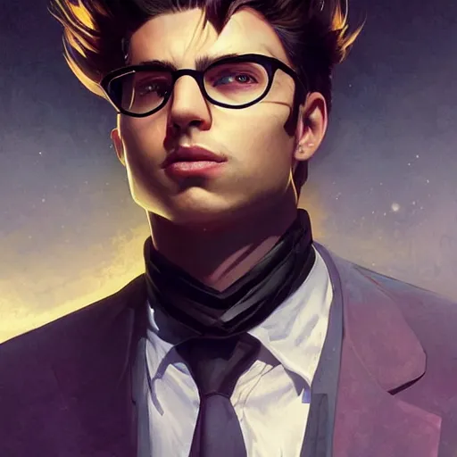 Prompt: character concept, wide angle, full body, symmetrical head - on centralized, young man with black - tinted glasses, formal black suit and has superpowers. detailed, high quality, dynamic lightning, fantasy, scenematic. artwork by artgerm, wlop, alex ross, greg rutknowski, alphonse mucha