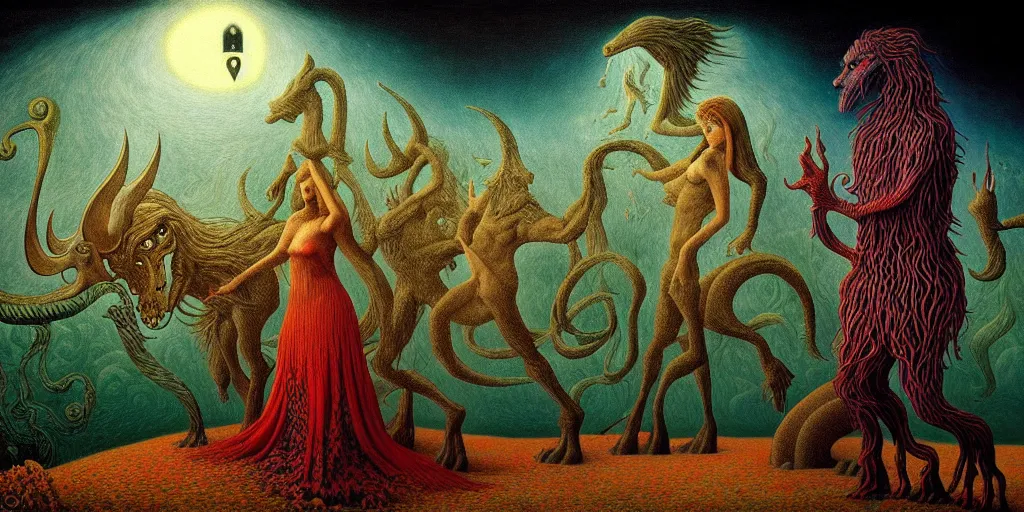 Prompt: mythical creatures and monsters in the imaginal realm of the collective unconscious, in a dark surreal painting by johfra and ronny khalil