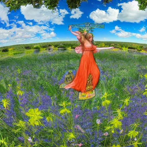 Image similar to preraphaelite hippies dancing in a flower forest, magic occult ceremony ritual summoning guitar, flowing forms, viewed from below, ultra wide angle, beautiful sky, highly detailed