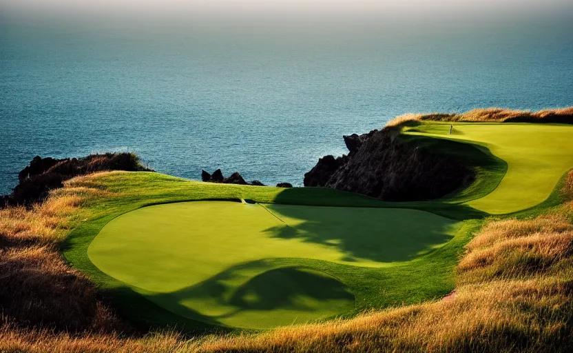 Image similar to a great photograph of the most amazing golf hole in the world, cliffs by the sea, perfect green fairway, human perspective, ambient light, 5 0 mm, golf digest, top 1 0 0, morning fog