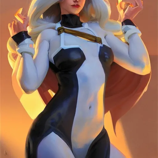 Image similar to Greg Manchess portrait painting of Emma Frost as Overwatch character, medium shot, asymmetrical, profile picture, Organic Painting, sunny day, Matte Painting, bold shapes, hard edges, street art, trending on artstation, by Huang Guangjian and Gil Elvgren and Sachin Teng