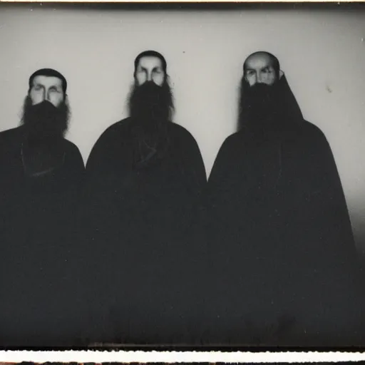 Prompt: trail _ camera _ photo _ of _ a _ breaton monks looking like rasputin with lit candles and a goat _ realistic _ spooky _ grimdark _ night _ black _ and _ white, polaroid