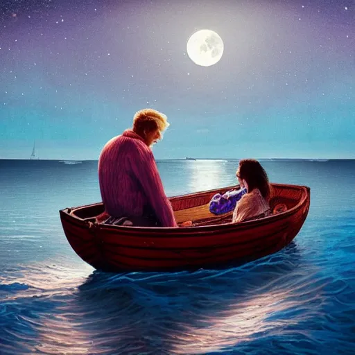 Image similar to man and daughter in a small boat on a rough sea late at night, moonlight reflections across water, hyper realism, high detail, deep aesthetic, rich colors, 4k, highly ornate intricate details, variations,