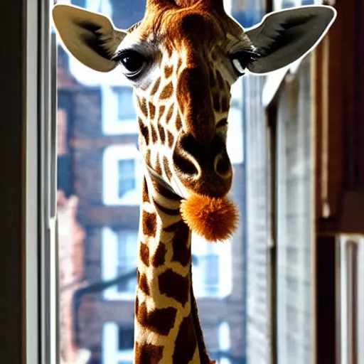 Image similar to foreground, giraffe girl. she has a very long neck and is fluffy. wool. beautiful attire. she looks in the windows. on the 3 rd floor. hyper - realistic photo. fantasy