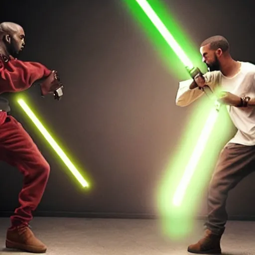 Prompt: kanye west vs drake lightsaber duel, cinematic, realistic