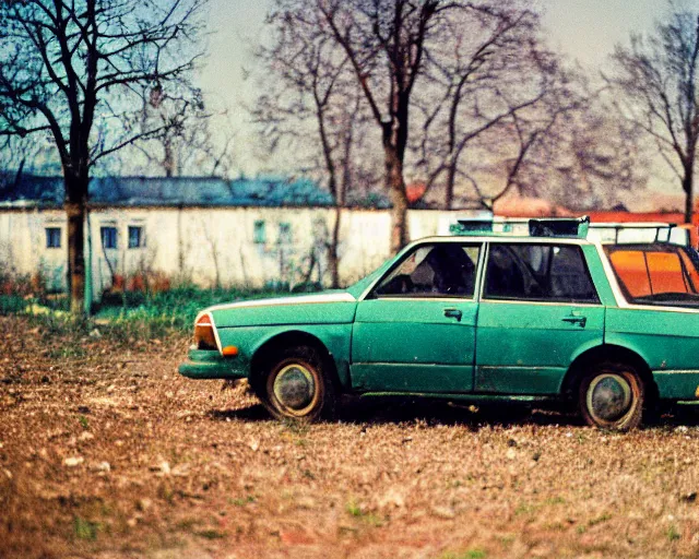 Image similar to a lomographic photo of old lada 2 1 0 7 standing in typical soviet yard in small town, hrushevka on background, cinestill, bokeh