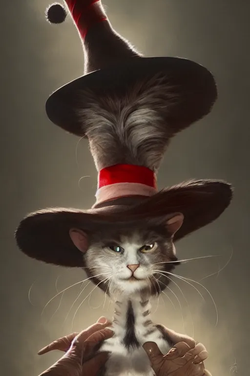 Prompt: complex 3 d render, hyper detailed, ultra sharp, of the cat in the hat, scary, cinematic, natural soft light, rim light, art by greg rutkowski and artgerm and caravaggio, dr seuss