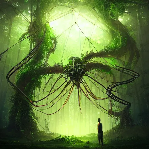 Image similar to large mechanical creature in ethereal forest with vines hanging from the trees, glowing fireflies scattered, desaturated, mystical, sharp focus, highly detailed, artgerm, cgsociety