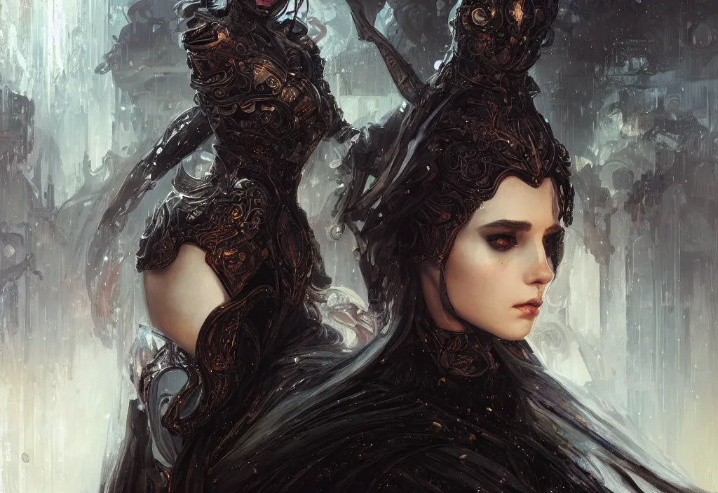 Image similar to portrait knights of zodiac girl + smoky eyes, black fire color reflected armor, in ruined agora of athens rainy night, ssci - fi and fantasy, intricate and very very beautiful and elegant, highly detailed, digital painting, artstation, concept art, smooth and sharp focus, illustration, art by tian zi and wlop and alphonse mucha