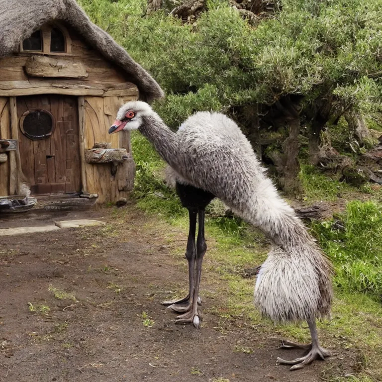 Image similar to an emu in the middle of a hobbit tavern