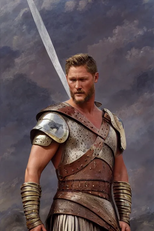 Image similar to Travis Fimmel as Gladiator in the movie Gladiator, oil on canvas, artstation, by J. C. Leyendecker and Edmund Blair Leighton and Charlie Bowater, octane render