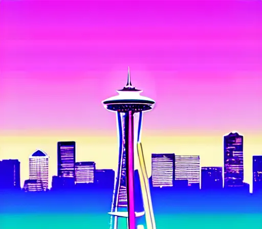 Image similar to a beautiful and immaculate balanced vaporwave ombre scene depicting outrun style seattle and the space needle