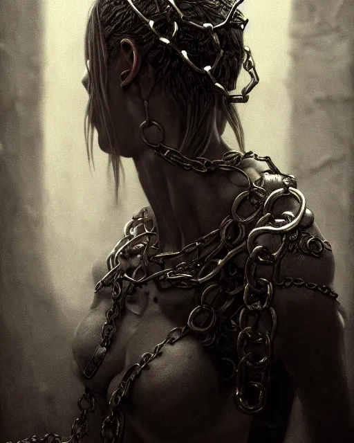 Image similar to female chained in a dungeon clothed, accurate details, dramatic, intricate, elegant, highly detailed, digital painting, artstation, concept art, sharp focus, illustration, art by Gustave Dore, octane render