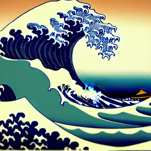 Image similar to photography of a young man surfing a hokusai wave