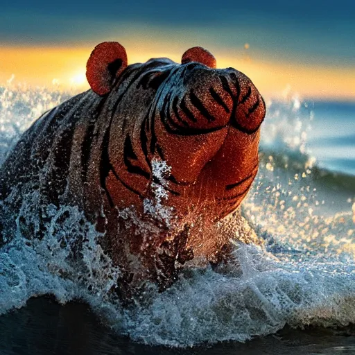 Prompt: a closeup photorealistic photograph of a cute smiling knitted tiger hippopotamus splashing in the surf at sunset. waves in background. professional capture. brightly lit scene. this 4 k hd image is trending on artstation, featured on behance, well - rendered, extra crisp, features intricate detail, epic composition and the style of unreal engine.