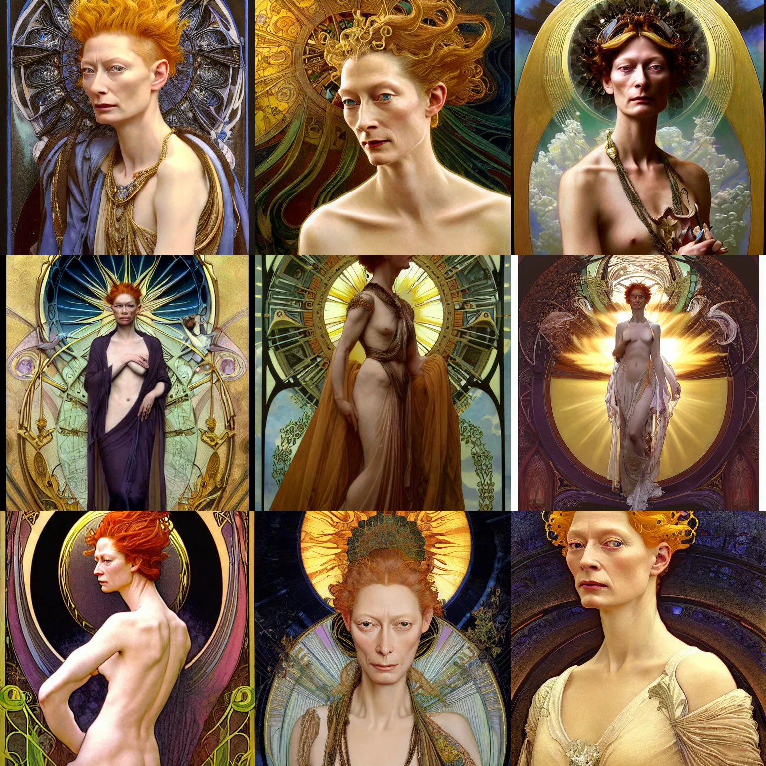 Prompt: stunning, breathtaking, awe-inspiring award-winning detailed concept art nouveau painting of attractive Tilda Swinton as the goddess of the sun, with anxious, piercing eyes, by Alphonse Mucha, Michael Whelan, William Adolphe Bouguereau, John Williams Waterhouse, and Donato Giancola, cyberpunk, extremely moody lighting, glowing light and shadow, atmospheric, cinematic, 8K