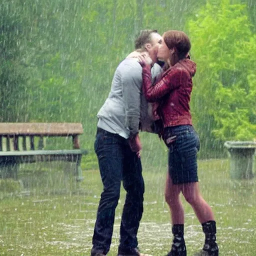 Image similar to still of emma watson kissing dean in the rain in supernatural