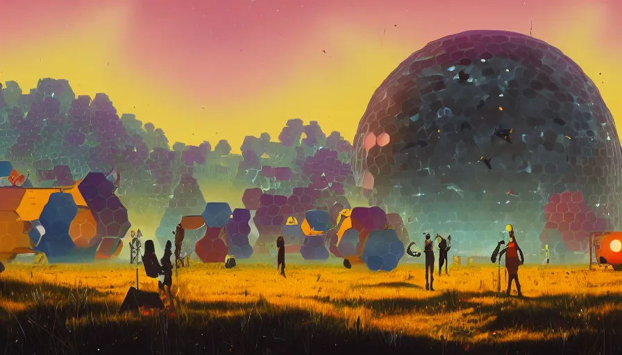 Image similar to many hexagons on the way to the sun, planet earth in foreground, simon stalenhag