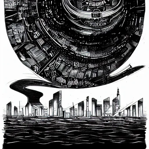 Image similar to a black ink sketch of a alien civilization srchitecture