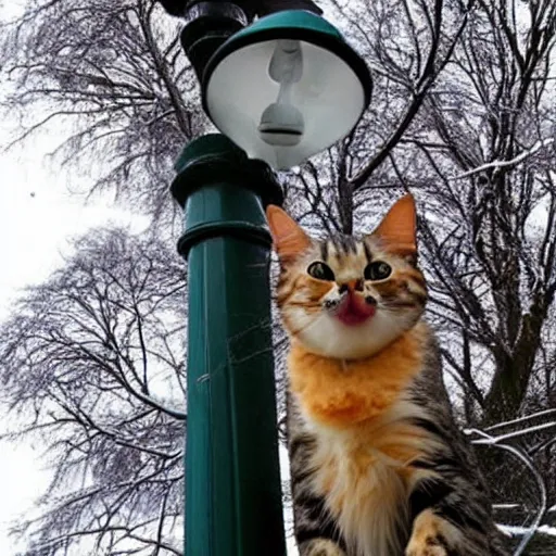 Prompt: Wow, the tongue of this cat is really stuck to the lamp post! Poor thing, it's so cold.