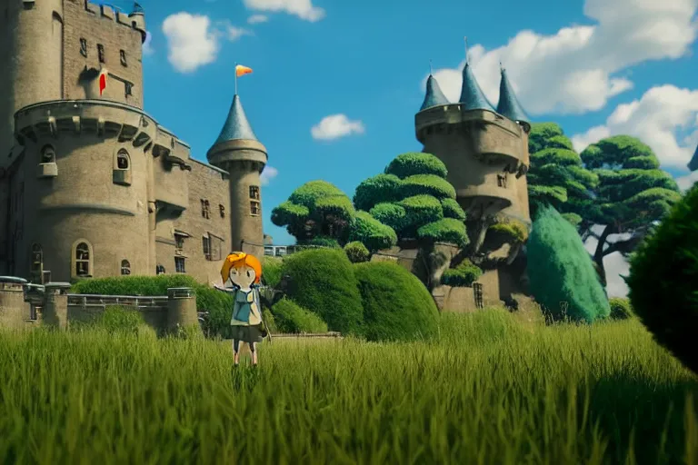 Image similar to game trailer of a semi realistic first person studio ghibli, pixar and disney animation, sharp, shooter game trailer on victorian castle, castle landscape, rendered in unreal engine 5, cinematic lighting, ray tracing, unreal engine 5, photorealistic