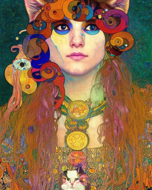 Image similar to hippie cat portrait an oil painting splashes with many colors and shapes by gustav klimt greg rutkowski and alphonse mucha, polycount, generative art, psychedelic, fractalism, glitch art