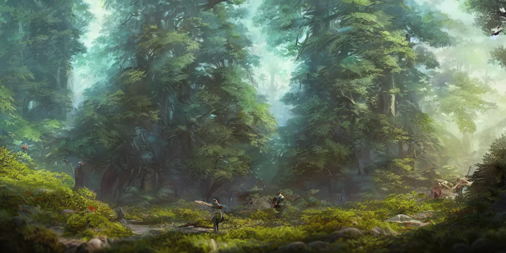 Prompt: a forest, detailed oil painting, cinematic angle, hyperrealistic, beautiful, cinematic lighting, dynamic, Studio Ghibli, digital art, octane render, post-processing, dynamic composition, trending on artstation, masterpiece