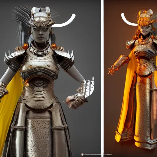 Prompt: gorgeous female samurai with full warrior armor, 3 d render, futuristic biomechanical, porcelain ivory mask, hyper realistic, cinematic, octane render, 8 k, yellow sun in background
