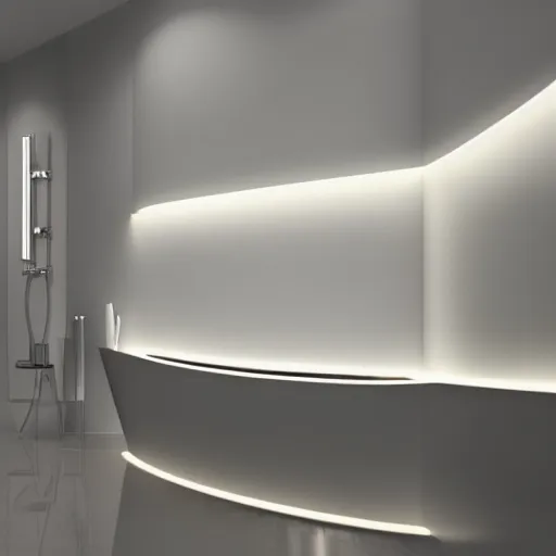 Image similar to bathroom with warm white led strip lighting, photorealistic, product render