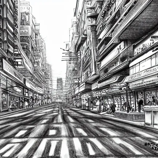 Image similar to High detailed sketch of korean city street, pencil drawing, black and white, artstation, extreme detail