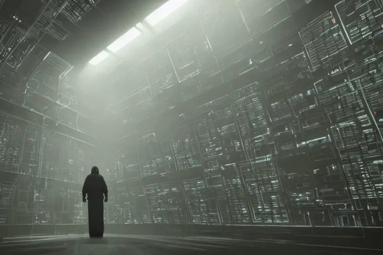 Image similar to extremely detailed cinematic movie still 3 0 7 7 foggy portrait shot of a robot in an endless data centre by denis villeneuve, wayne barlowe, simon birch, philippe druillet, beeple, volumetric sunlight from small windows