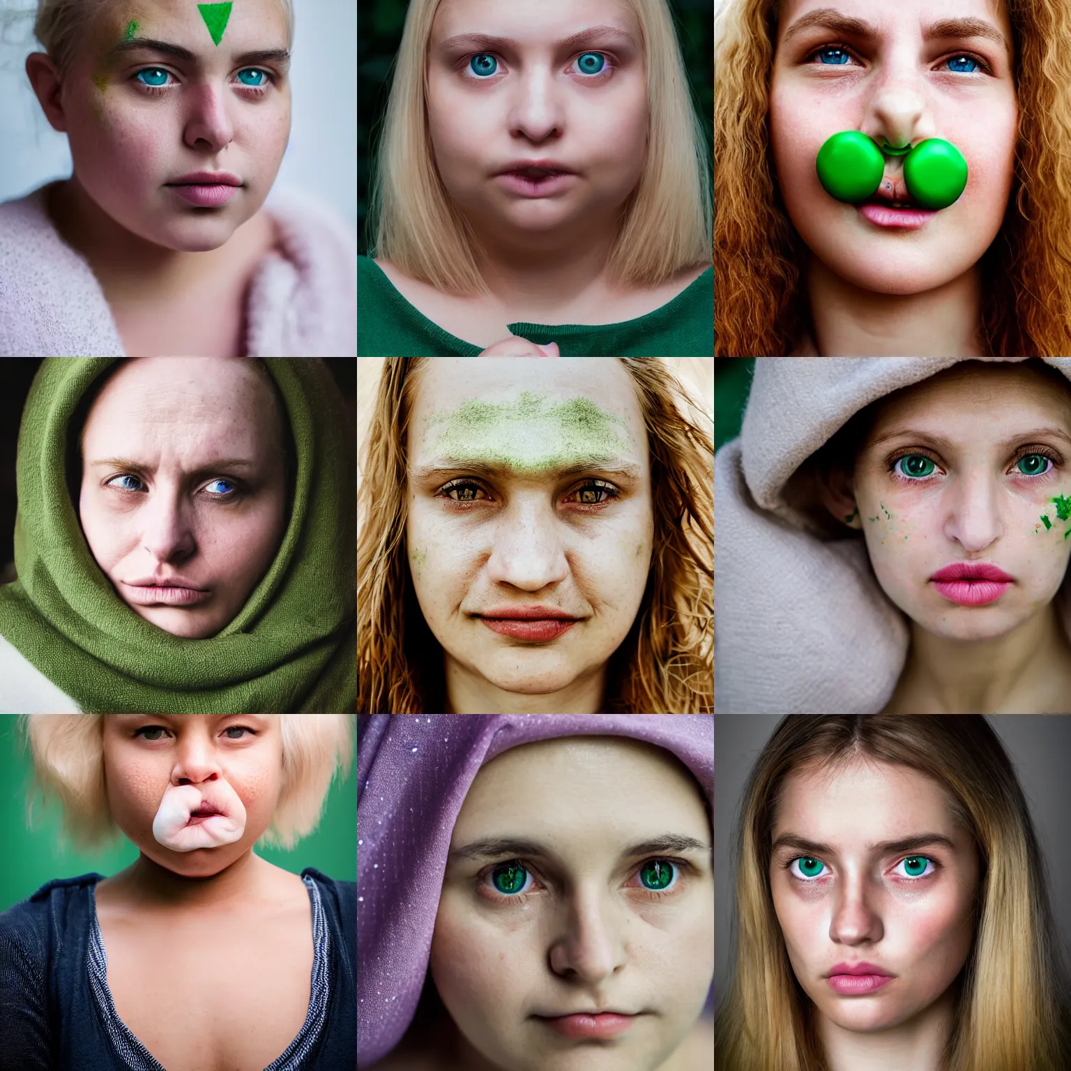 Prompt: awardwinning photography portrait of a woman with the world's smallest mouth, symmetrical, super close up, mid thirties, medium blonde, cute round green slanted eyes, pale skin, wide nostrils, chubby cheeks, high flat eyebrows, ethereal essence, angelic, leica 1 0 0 mm f 0. 8