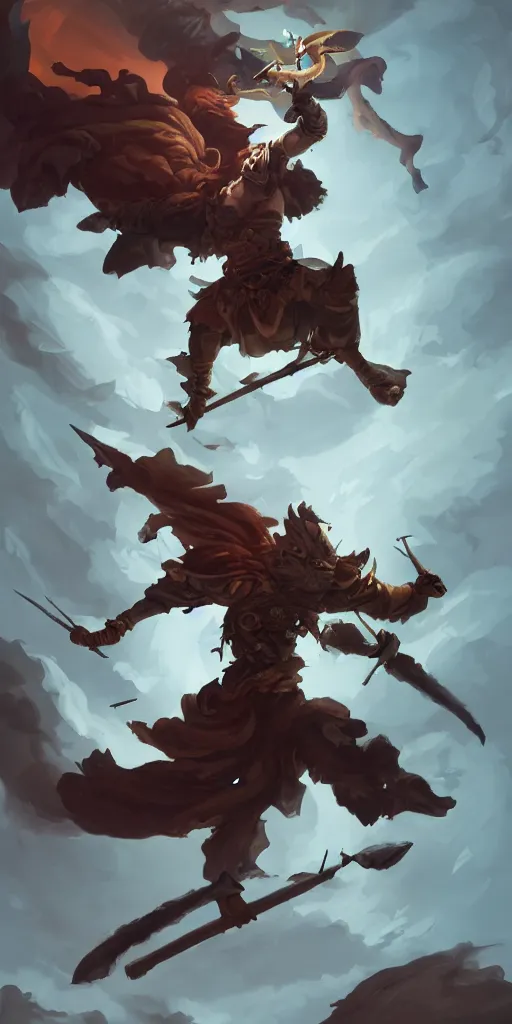 Prompt: Falling ancient warrior, mid air, clean white background, in Style of Peter Mohrbacher, cinematic lighting