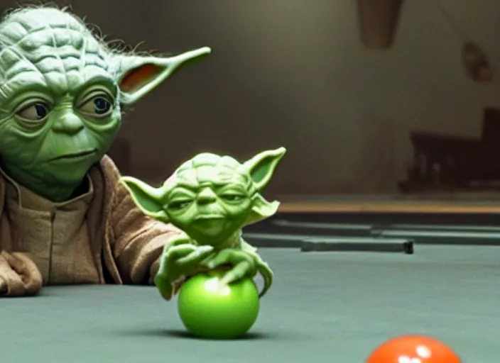 Image similar to film still of yoda goes bowling in the new Star Wars movie, 4k