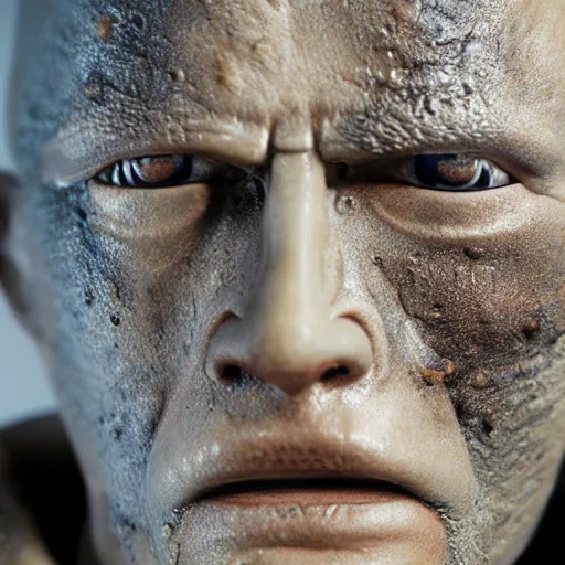 Image similar to photo taken of an epic intricate, ultra detailed, super realistic gritty, wet, lifelike sculpture of saitama from one ounch man with patches of skin created by weta workshop, zoomed in shots, subsurface scattering, photorealistic, sharp focus, white wall coloured workshop, cold colour temperature, f 0. 4, face centred, golden ratio